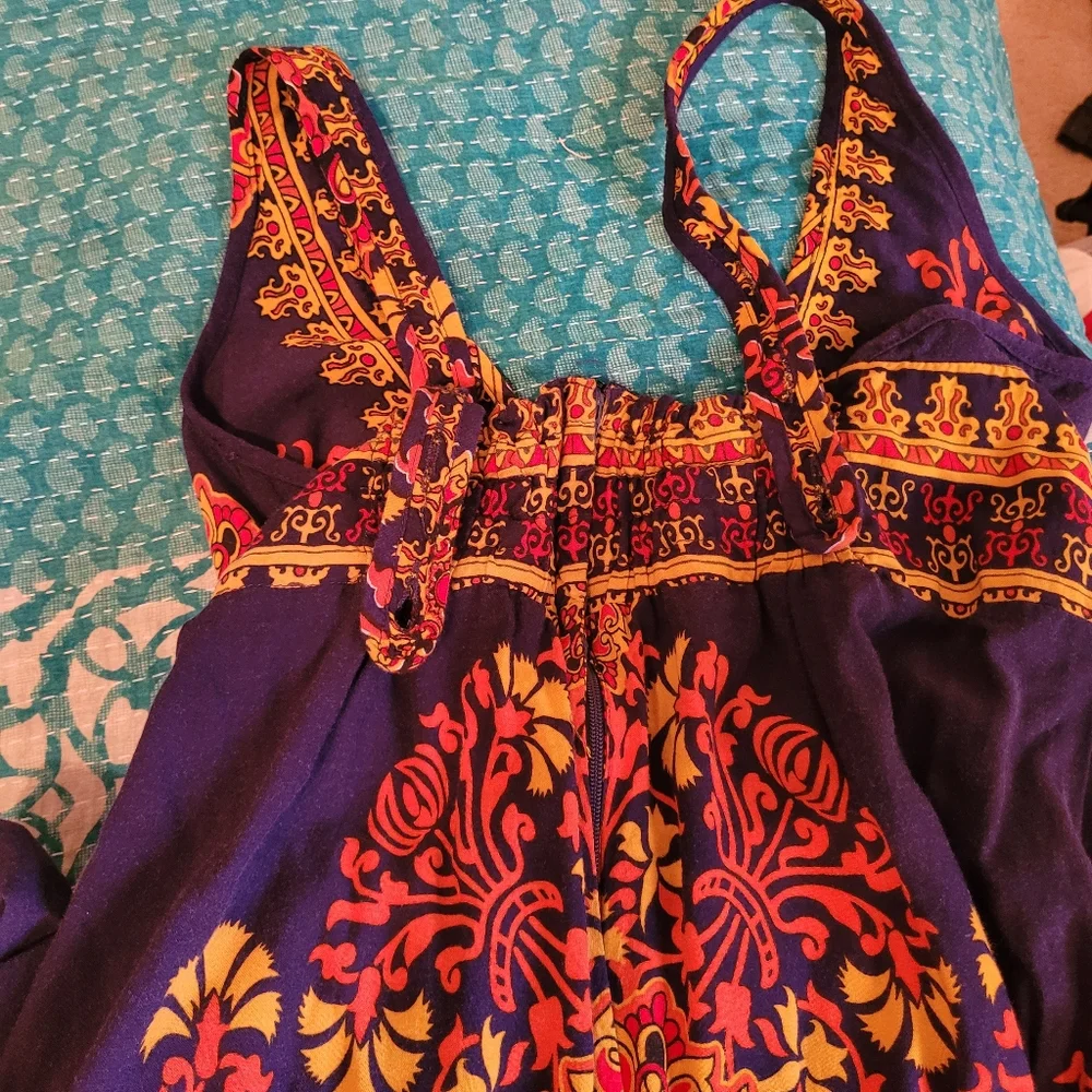 Navy Blue Maxi Dress with Orange Medallion Print, Angie, L - Picture 8 of 10